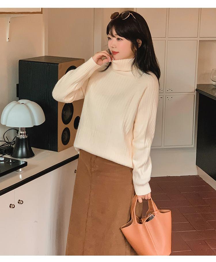 Turtleneck Plain Slit Ribbed Sweater Product Image