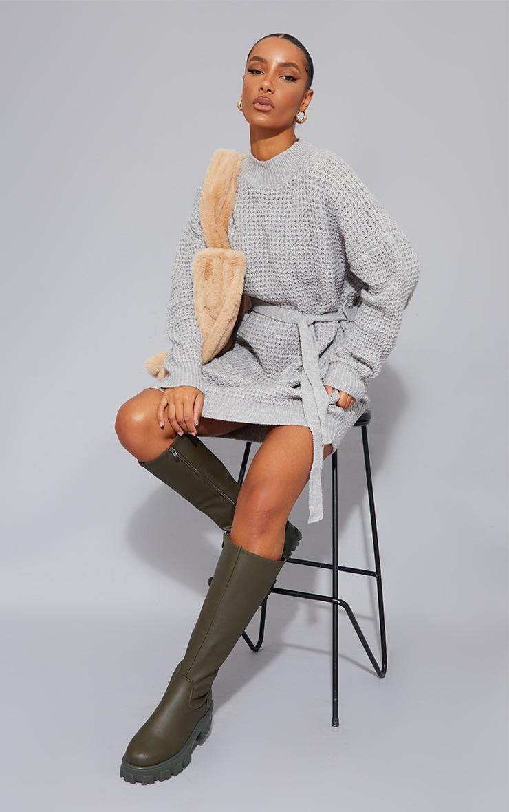 Light Grey Soft Belted Knitted Sweater Dress Product Image