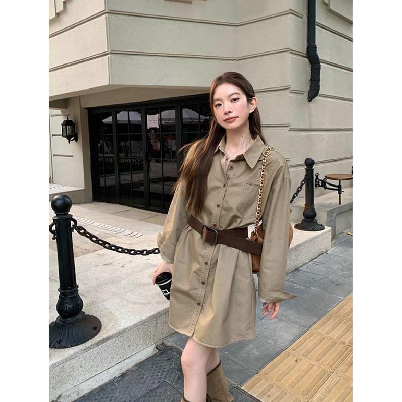 Long-Sleeve Plain Shirt Dress Product Image