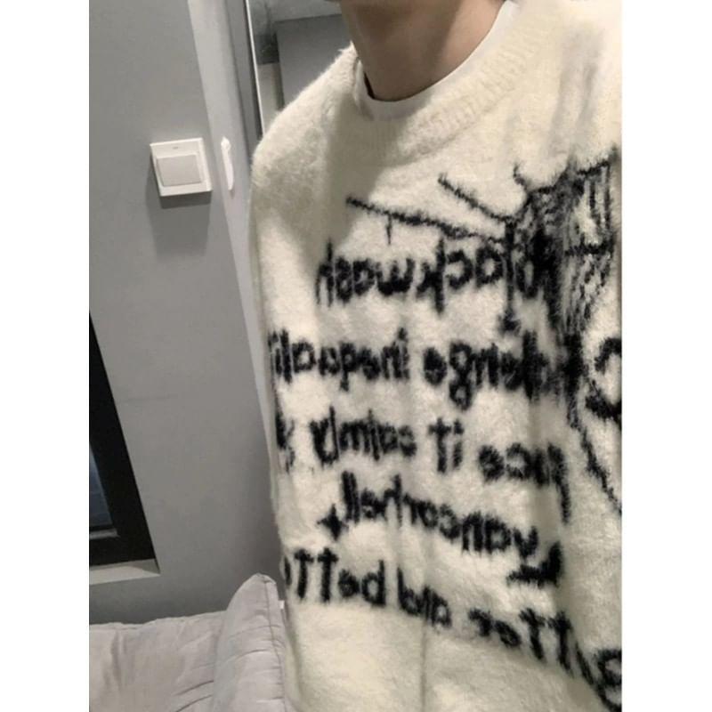 Crew Neck Lettering Print Fluffy Sweater Product Image