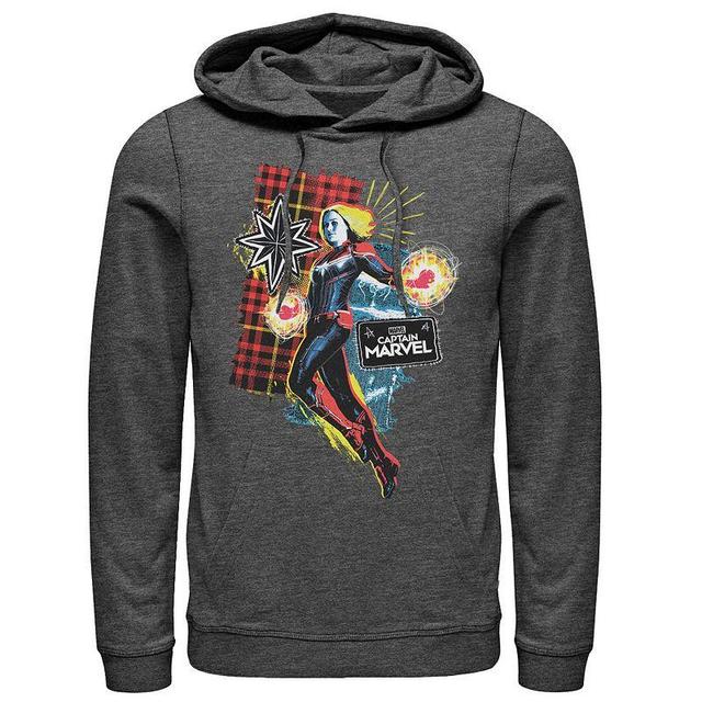 Mens Marvel Captain Marvel Plaid Jean Patched Portrait Pullover Hoodie Grey Heather Product Image