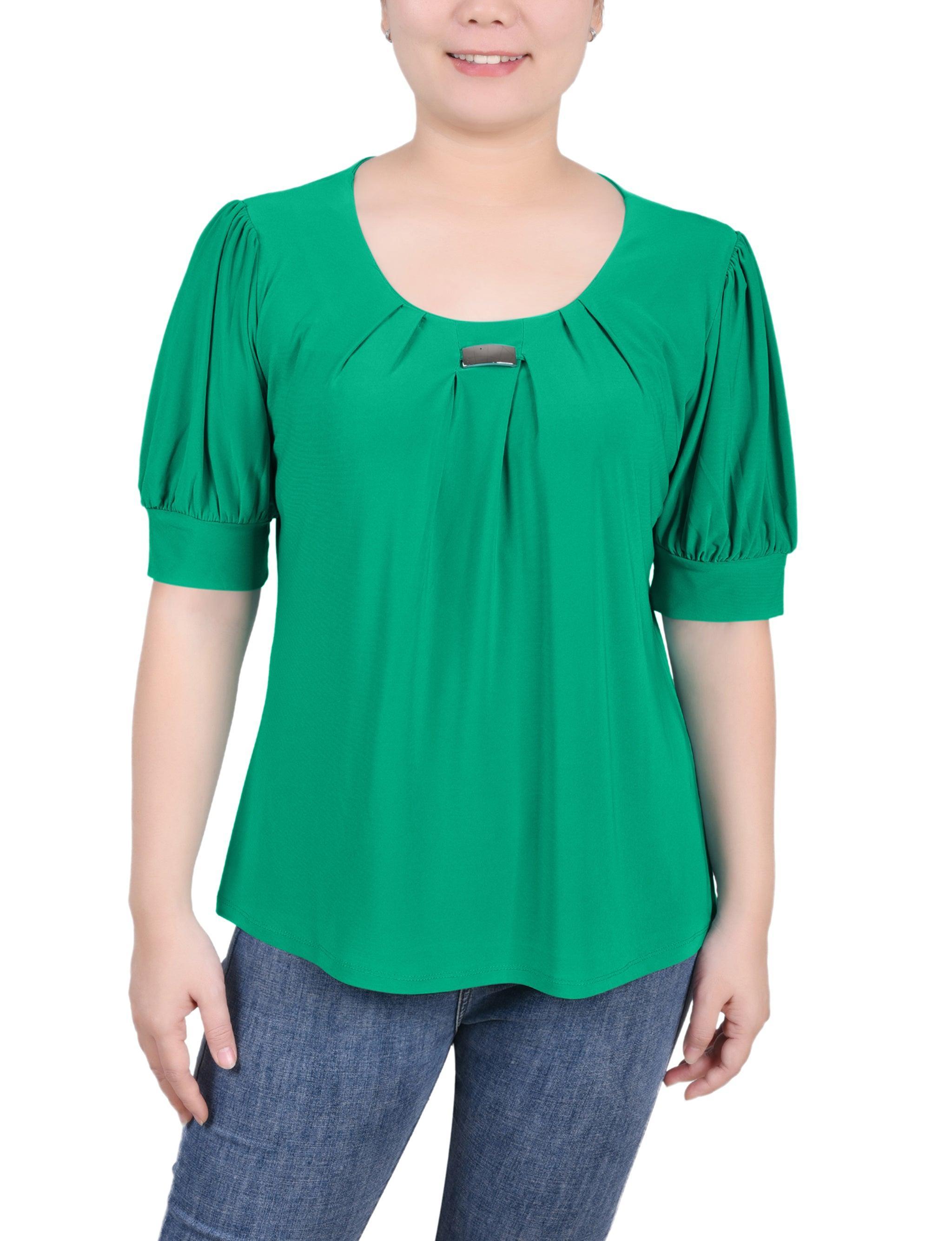 Short Sleeve Balloon Sleeve Top With Hardware - Petite Product Image