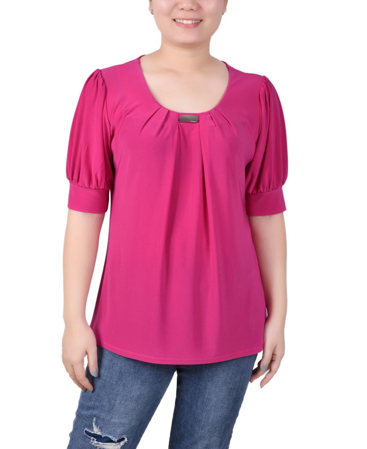 NY Collection Petite Puff Sleeve Pleated Front Blouse -BLUE Product Image