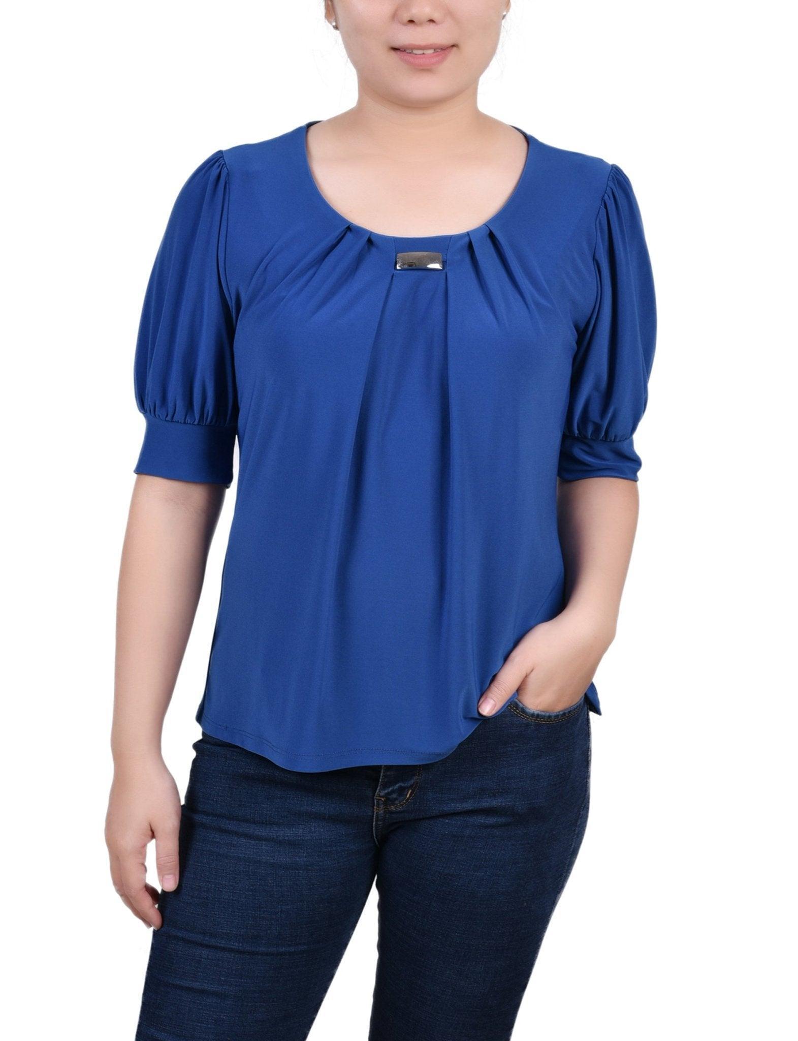 Short Sleeve Balloon Sleeve Top With Hardware - Petite Product Image