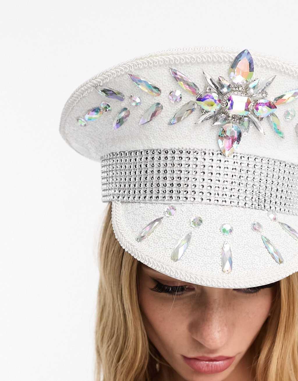 My Accessories embellished bridal party captain's hat in white Product Image