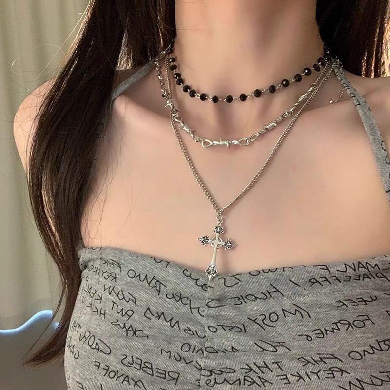 Cross Pendant Alloy Necklace / Thorn Alloy Choker / Glass Bead Alloy Choker Product Image