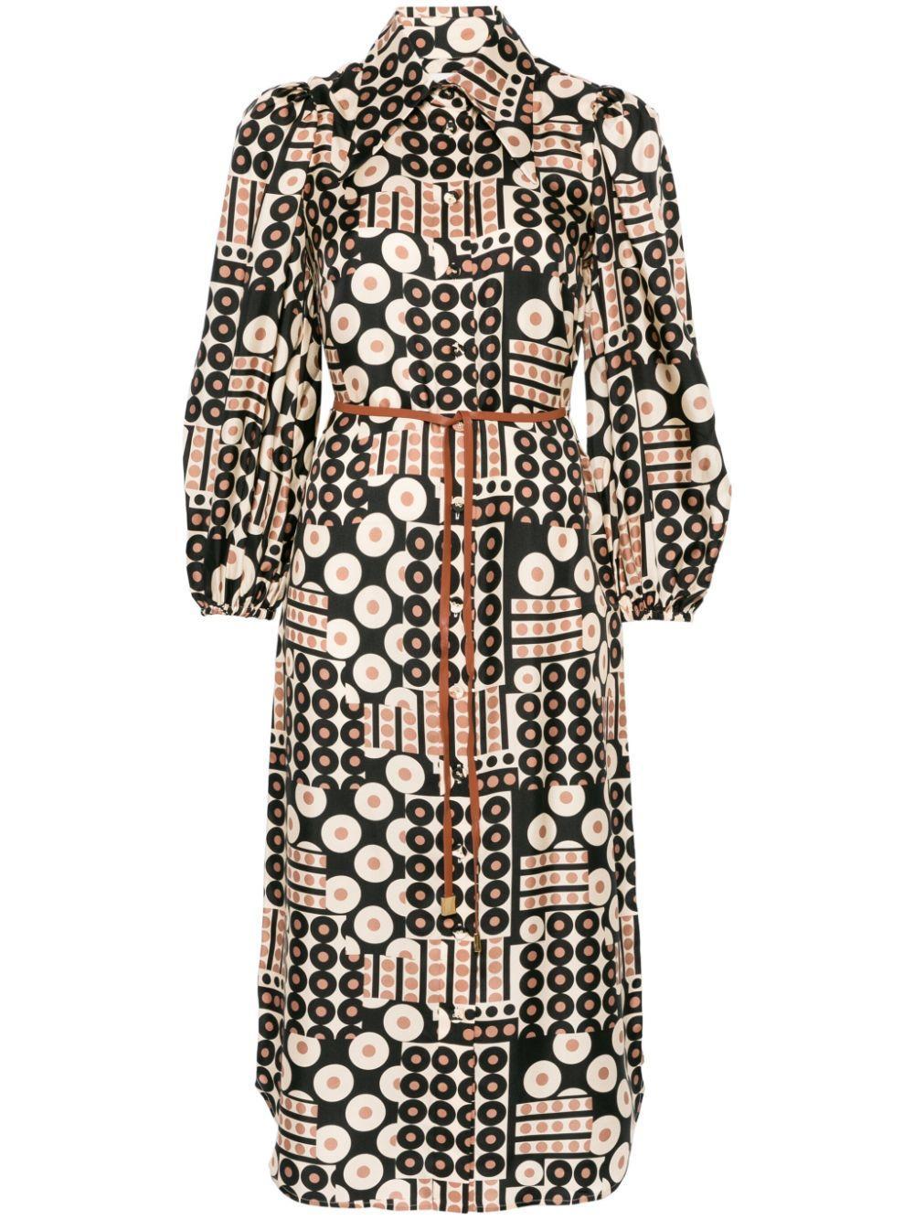 ZIMMERMANN Illustration Geo Print Belted Long Sleeve Silk Shirtdress In Multi Product Image