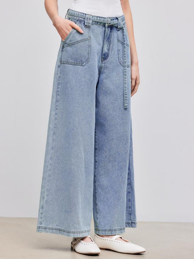 Denim Mid Rise Solid Wide Leg Jeans With Belt Product Image