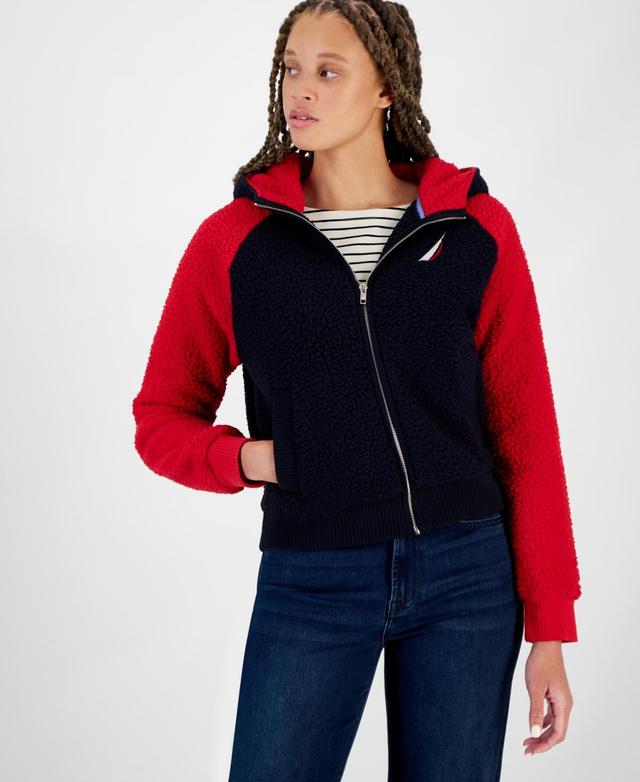 Nautica Jeans Womens Colorblocked Zip-Up Sherpa Jacket - Light Fawn Product Image