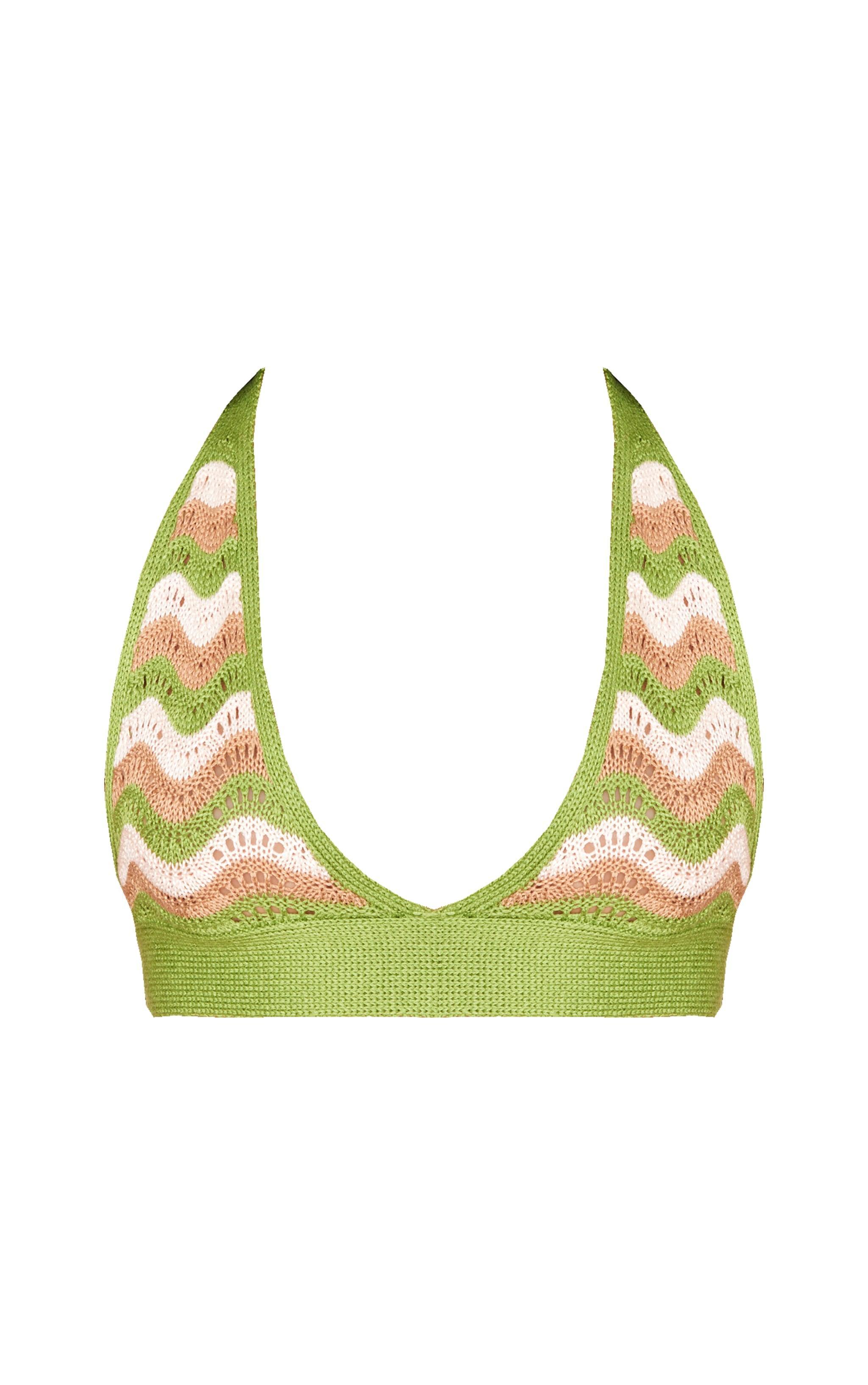 Green Wave Knit Textured Halterneck Crop Top Product Image