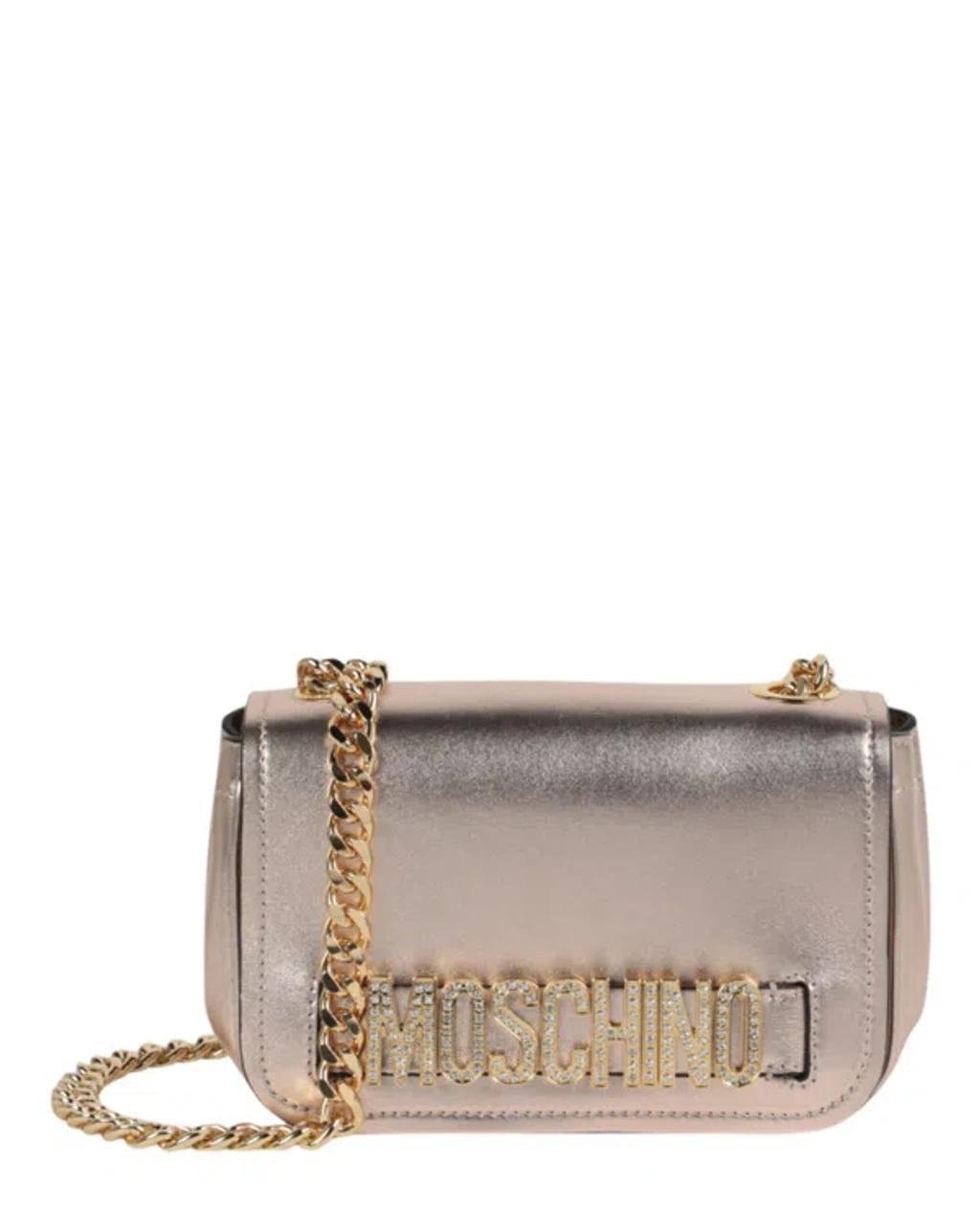 MOSCHINO Metallic Leather Crystal-embellished Logo Crossbody Bag In Gold Product Image