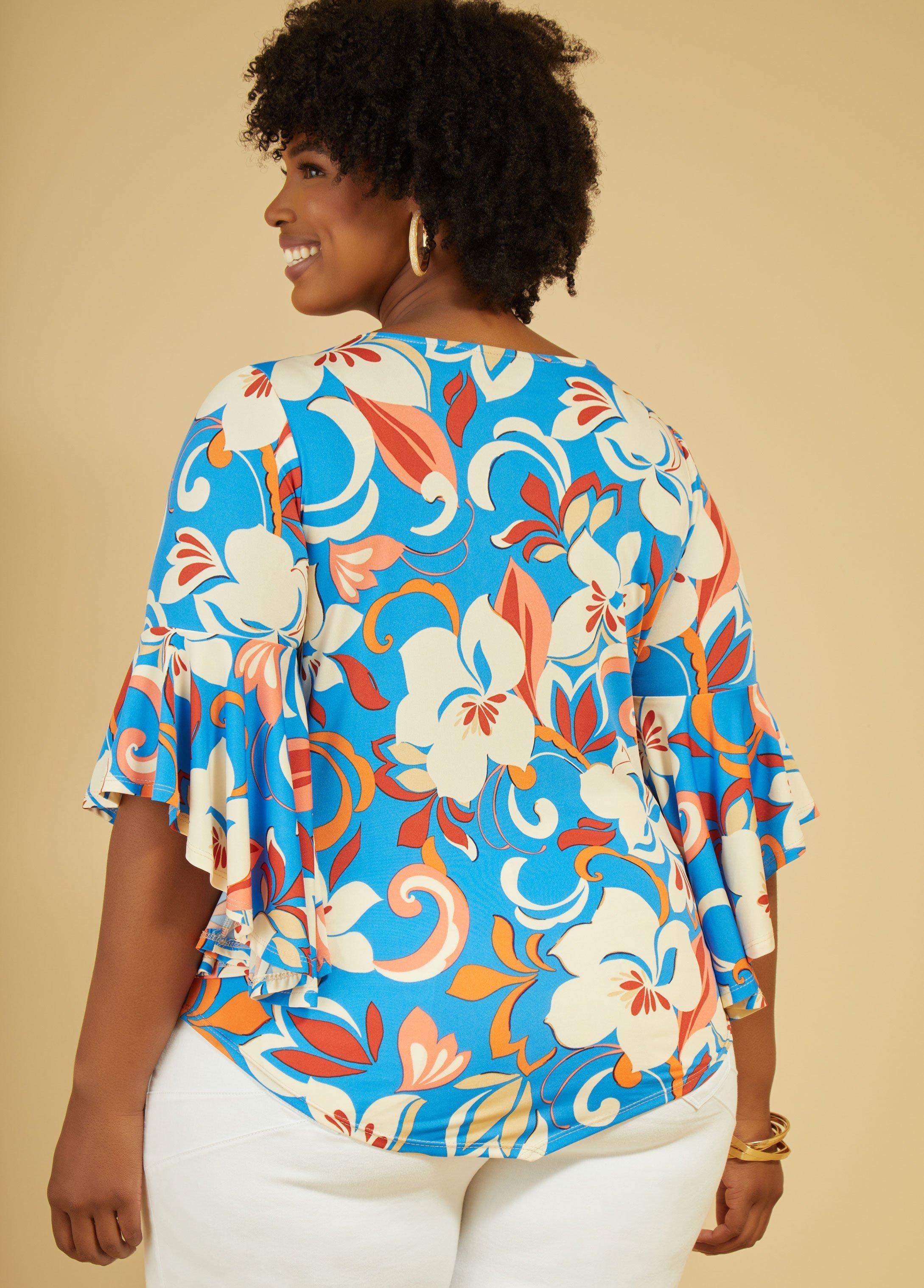 Plus Size Floral Print Drama Sleeved Top Ashley Stewart Product Image