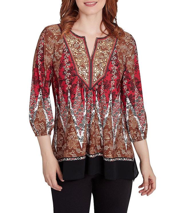 Ruby Rd. Printed Embellished Crepe Knit Split V-Neck 3/4 Sleeve Top Product Image