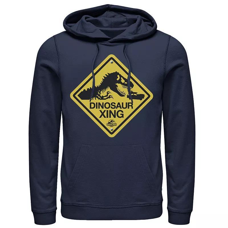 Mens Jurassic Park Dinosaur Crossing Yellow Sign Pullover Hoodie Blue Product Image