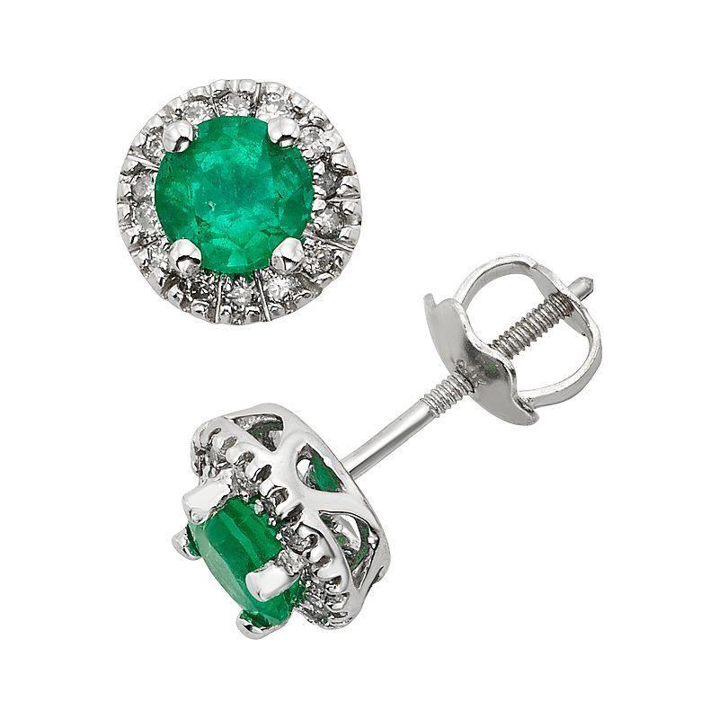 The Regal Collection Emerald and 1/8 Carat T.W. IGL Certified Diamond 14k White Gold Tiered Halo Stud Earrings, Womens, Green Product Image