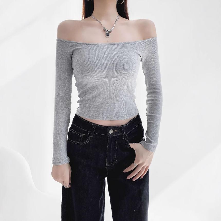 Long Sleeve Off-Shoulder Dotted Slim-Fit Crop Top Product Image