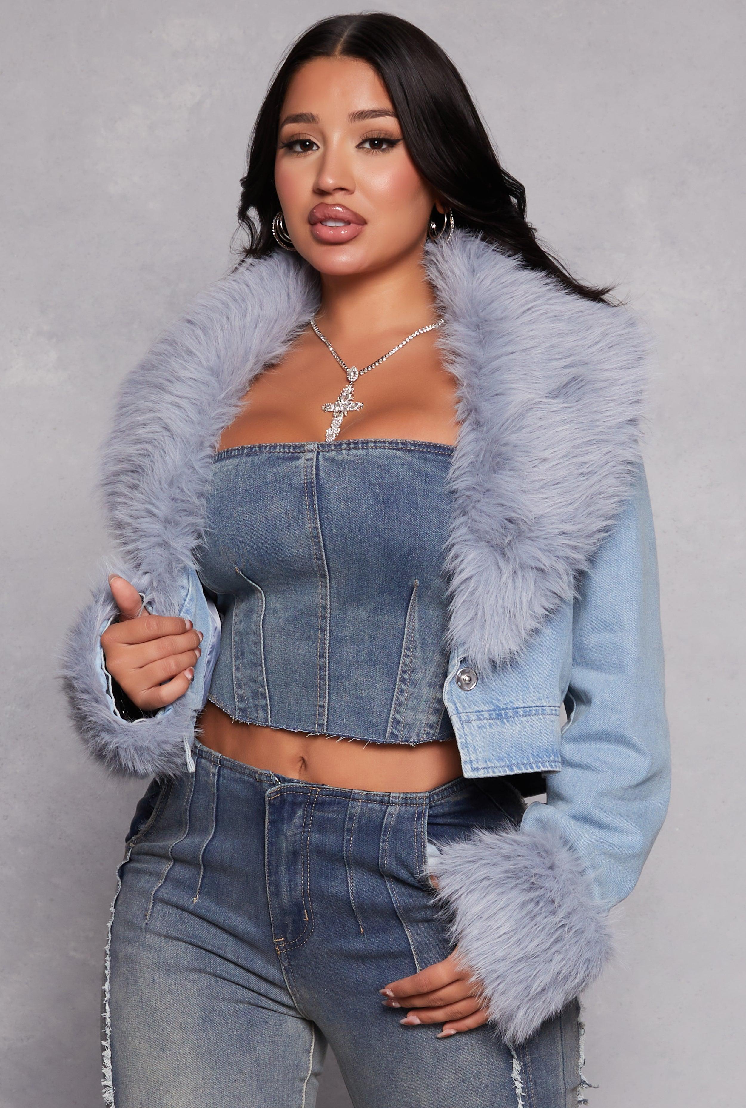 Womens Faux Fur Collar Cropped Jean Jacket product image