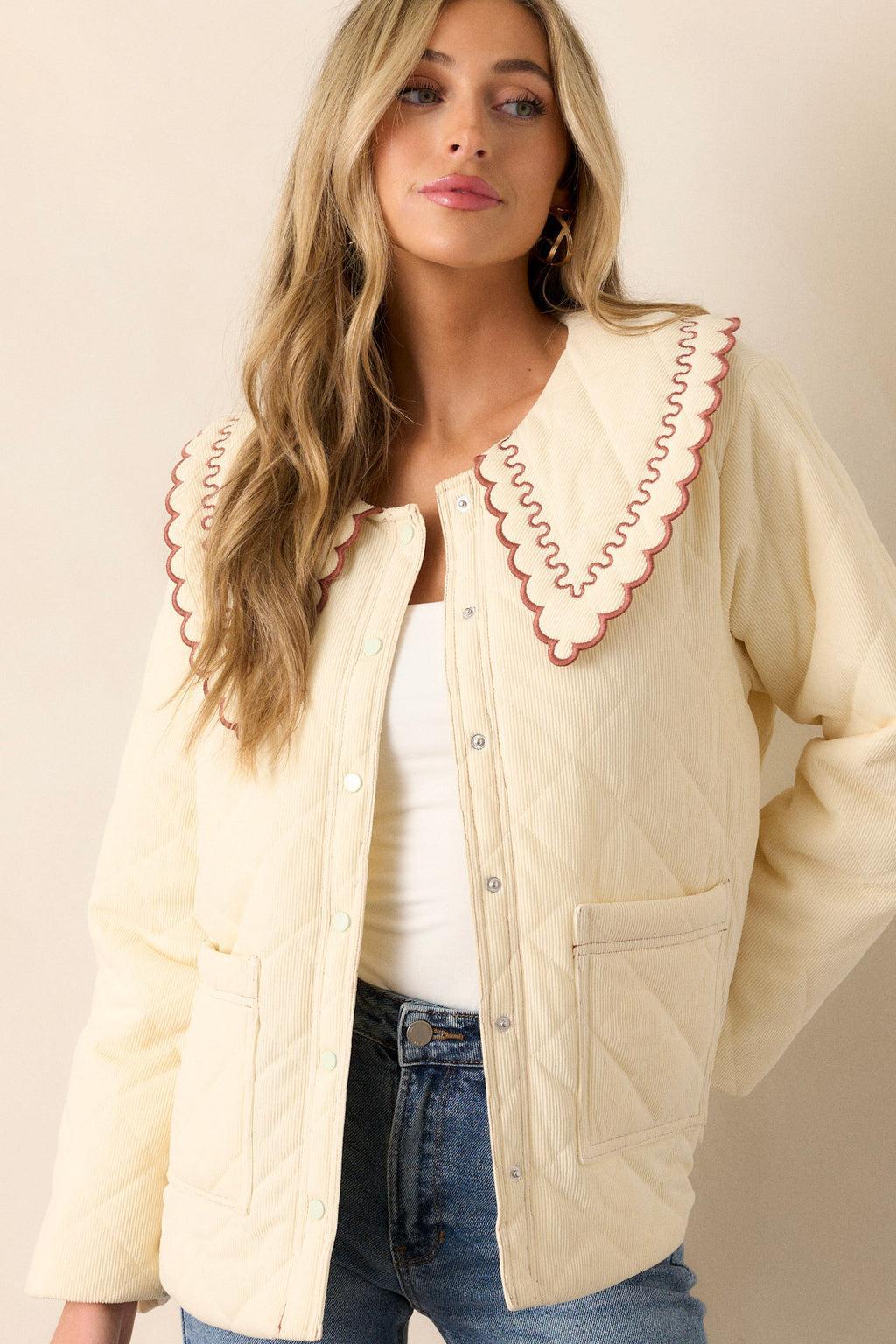 Cafè Conversations Ivory Embroidered Quilted Jacket Product Image