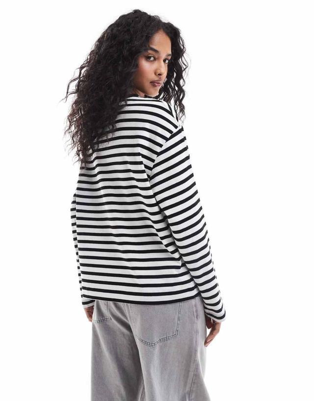 Pull&Bear long sleeve oversized t-shirt with stripe detail in ecru & black Product Image