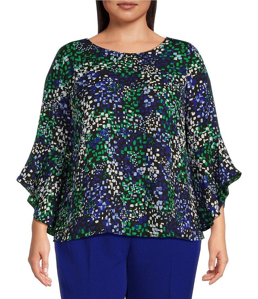 Kasper Plus Size Printed Crepe de Chine 3/4 Ruffle Sleeve Crew Neck Blouse Product Image