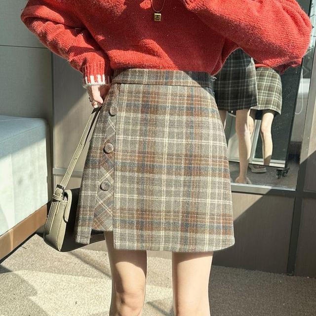 High Waist Plaid Asymmetrical Panel Mini A-Line Skirt Product Image