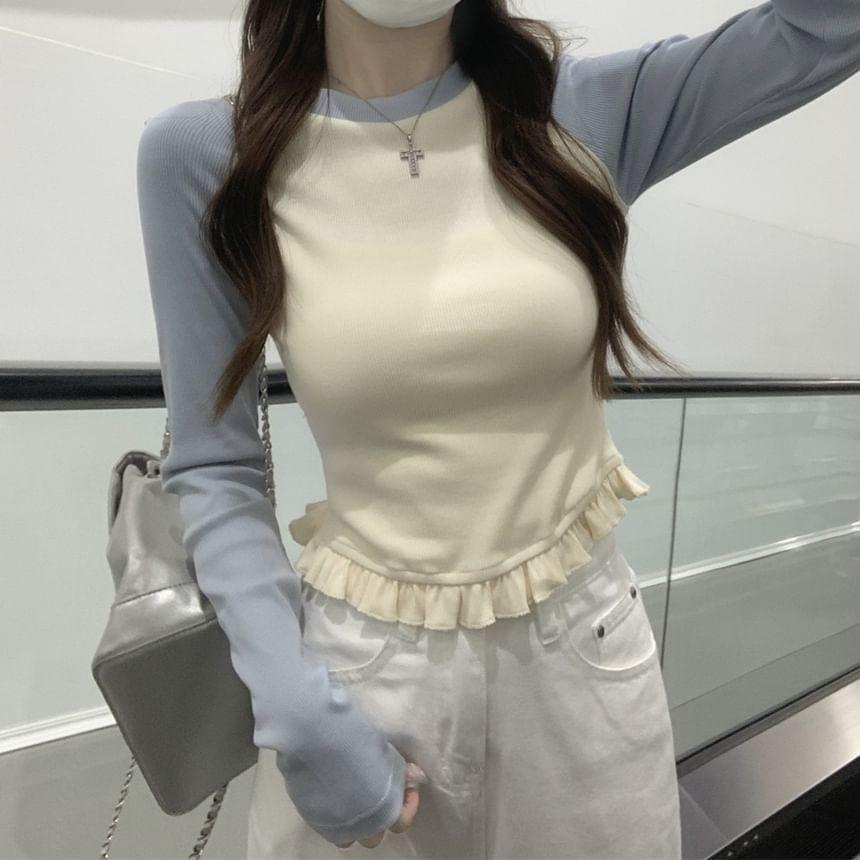 Long Sleeve Crew Neck Ruffle Raglan T-Shirt Product Image