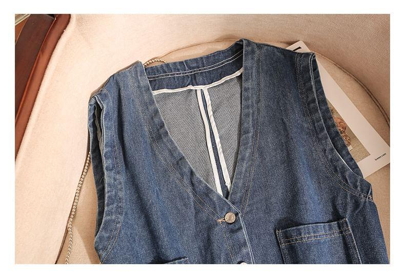 V-Neck Washed Denim Button Down Vest Product Image