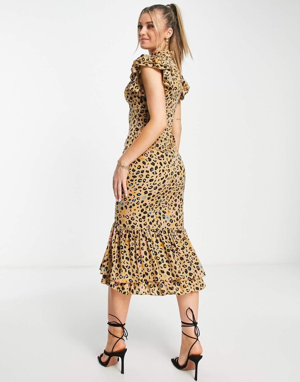 Never Fully Dressed frill sleeve ruffle midaxi dress in leopard confetti Product Image