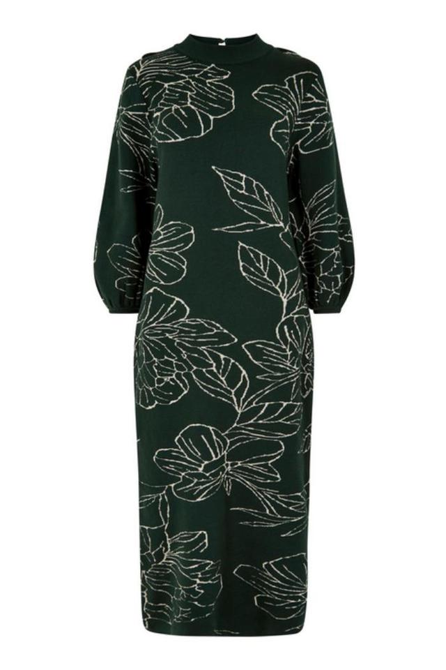 Sketched Floral Puff Sleeve Knitted Dress Product Image