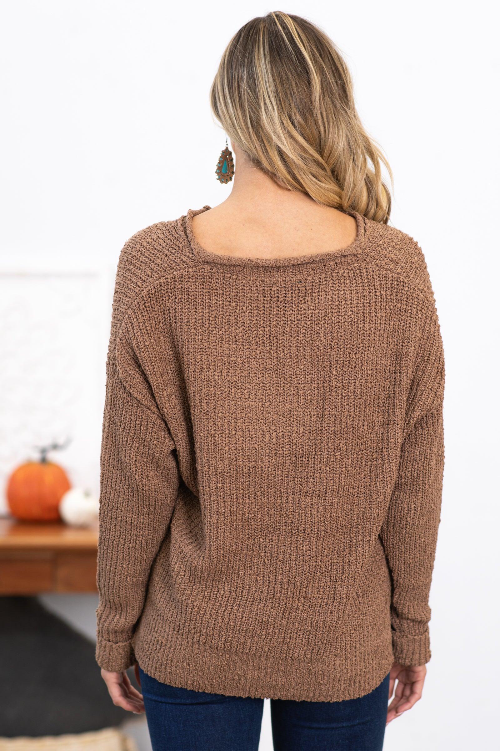 Mocha Cuff Sleeve Notch Neck Sweater Product Image