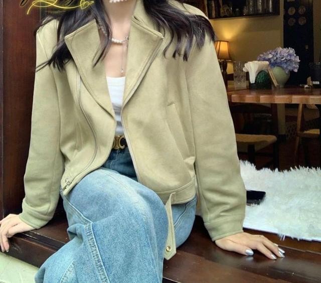 Collar Plain Faux Suede Zip Jacket Product Image