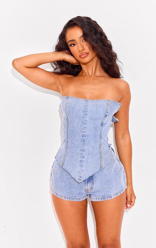 Petite Light Blue Wash Side Cut Out Bandeau Denim Top Product Image