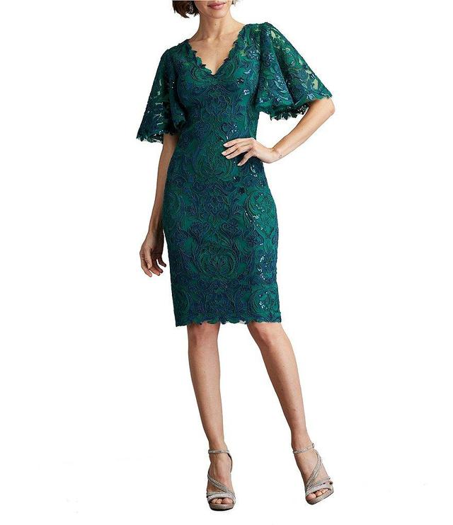 Tadashi Shoji Embroidered Sequin Lace V-Neck Flutter Sleeve Dress Product Image