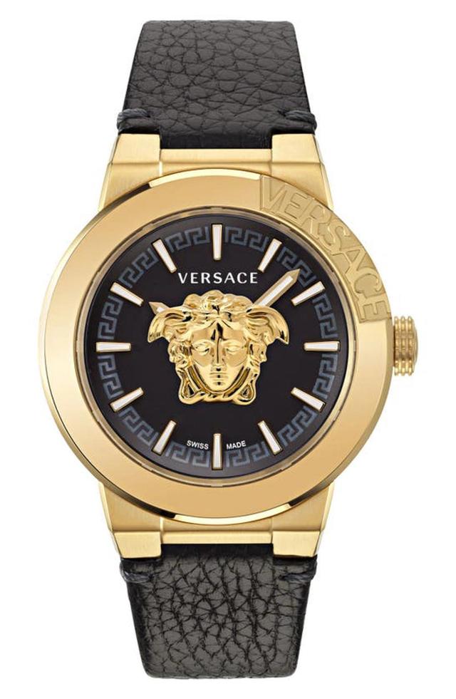 VERSACE Men's Swiss Medusa Infinite Black Leather Strap Watch 47mm In Yellow Gold Product Image