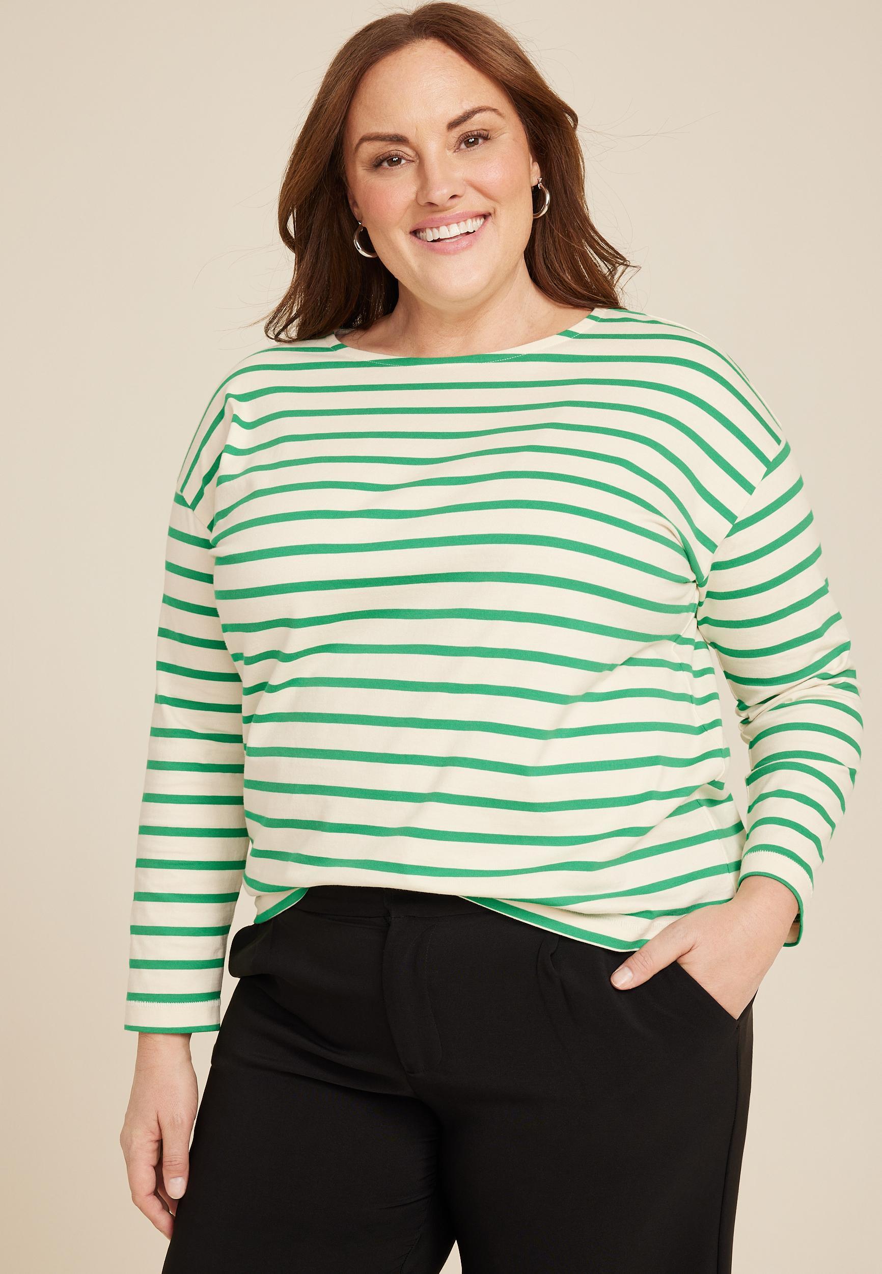 Maurices 0X Plus Size Womens Marina Striped Mixer Tee Green Product Image