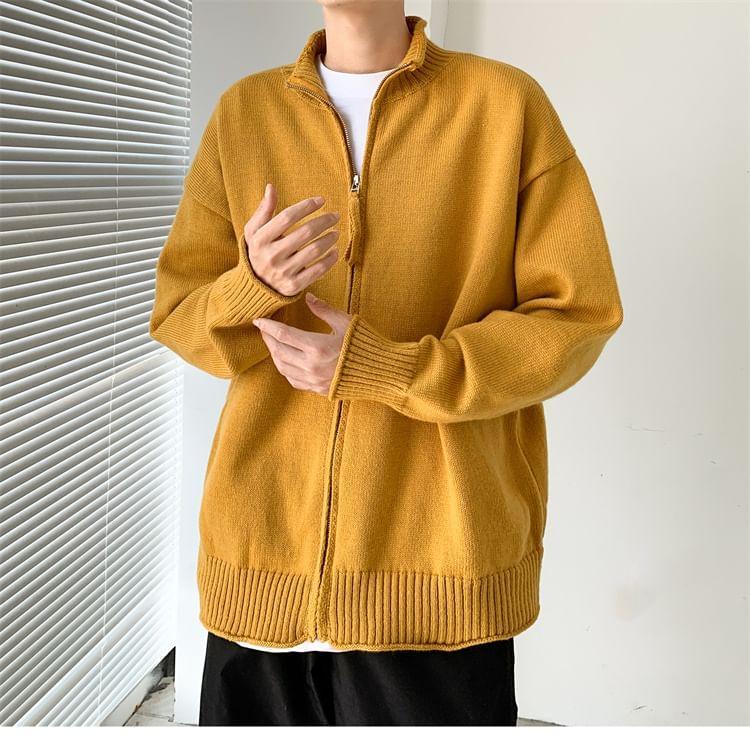 Stand Collar Plain Zip Cardigan Product Image