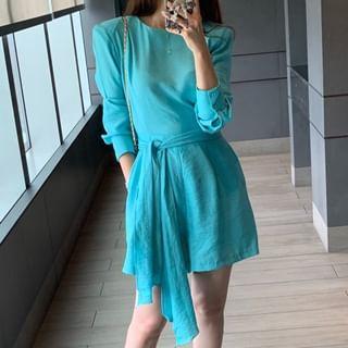 Long-Sleeve Round Neck Plain Belted Romper Product Image