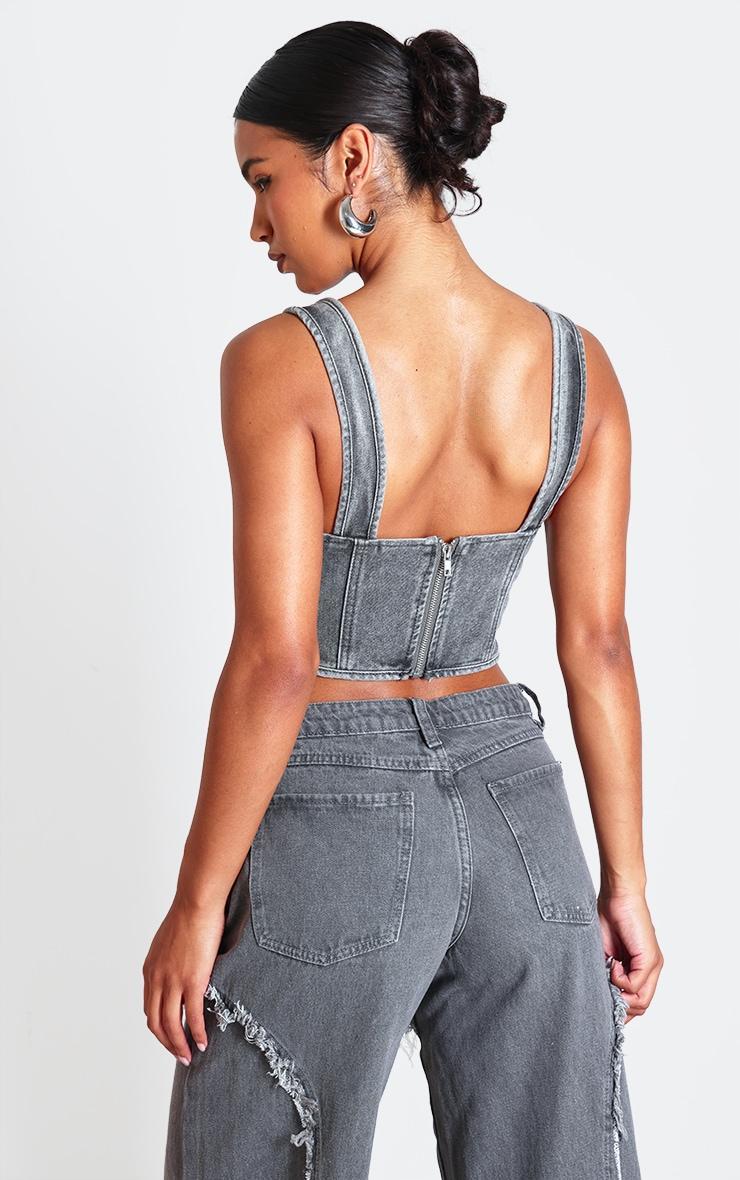 Washed Grey Dip Hem Bust Cup Denim Corset Product Image