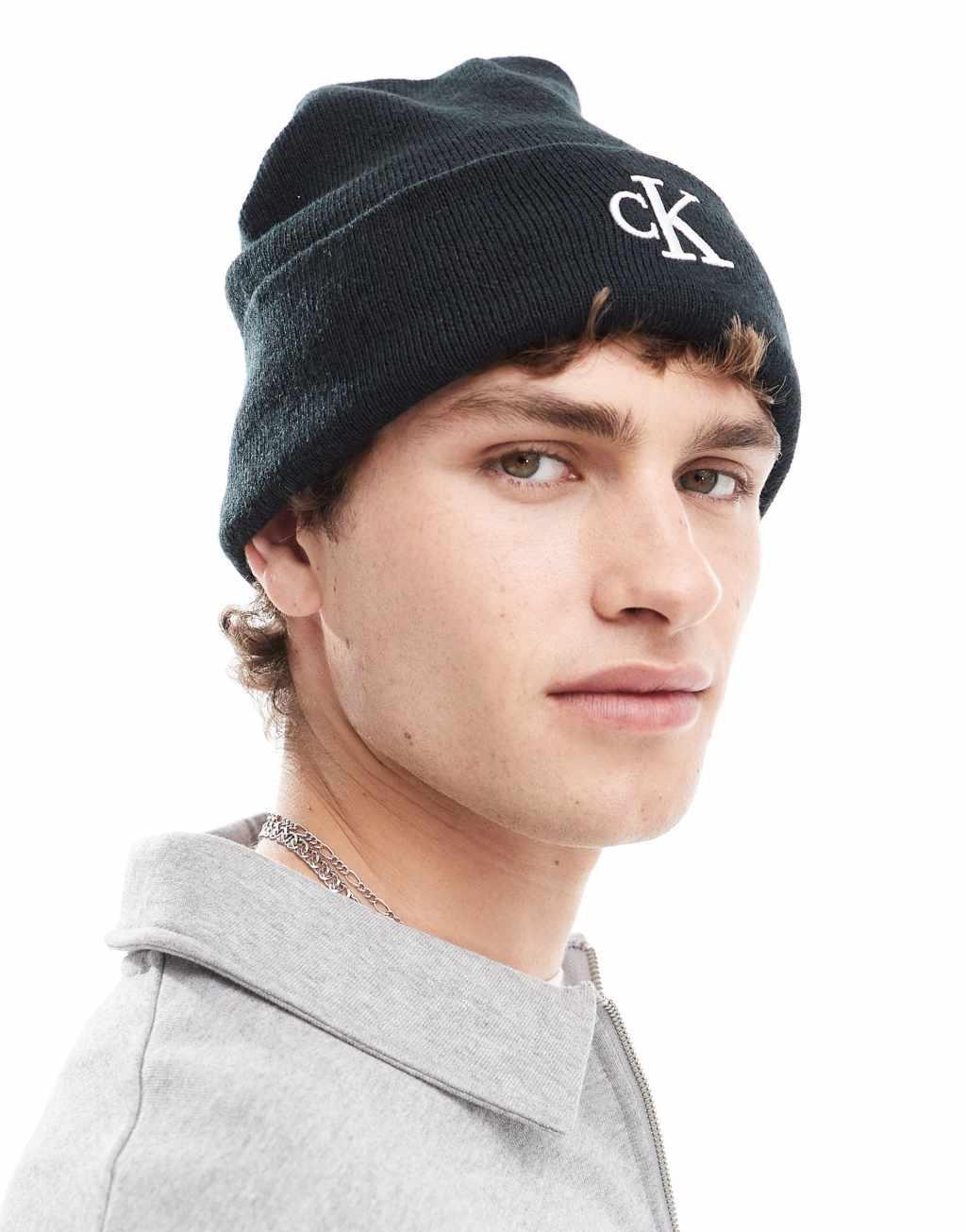 Calvin Klein Jeans monologo embroidered beanie in black Product Image