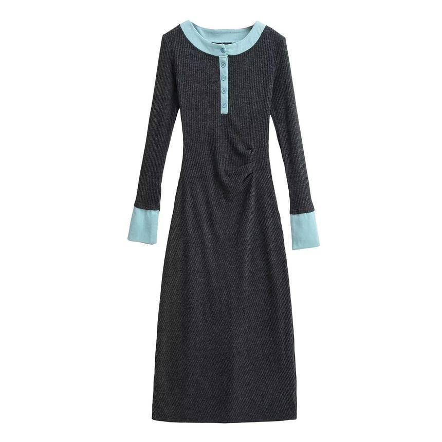 Mock Two-Piece Long-Sleeve Two-Tone Ribbed Midi Knit Dress Product Image