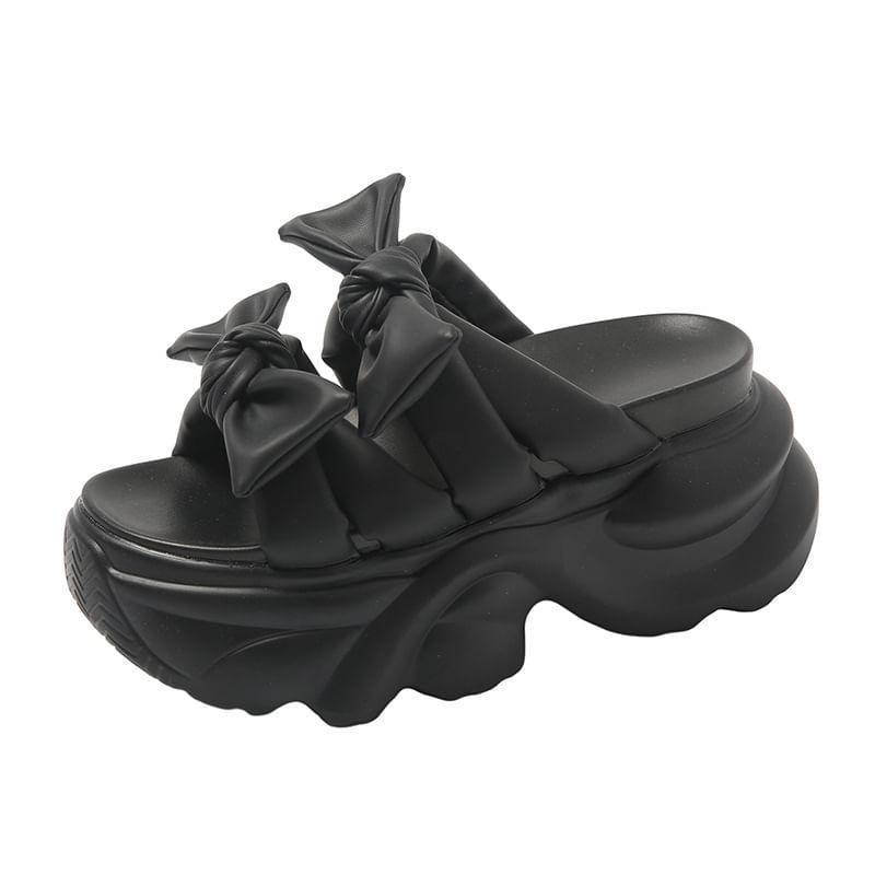 Platform Plain Bow Accent Faux Leather Sandals Product Image