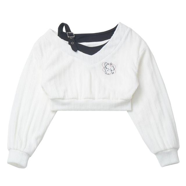 Long Sleeve Cold Shoulder Puppy Embroidered Mock Two Piece Crop Top Product Image