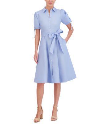 Eliza J Womens Cotton Tie-Waist Bubble-Sleeve Shirtdress Product Image