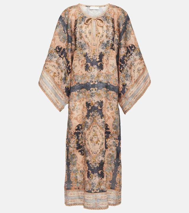 ZIMMERMANN Linen August Kaftan Midi Dress In Blue,multi Product Image