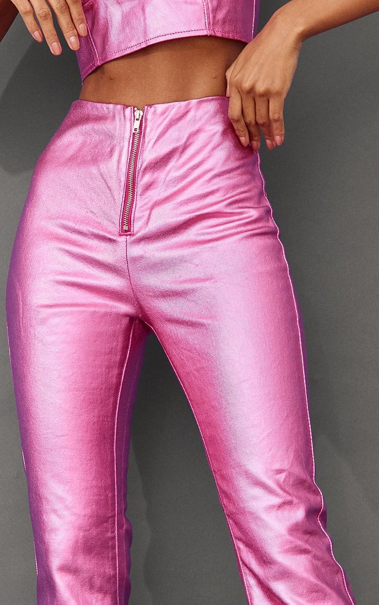 Bright Pink Metallic Look Coated Denim Flare Jeans Product Image