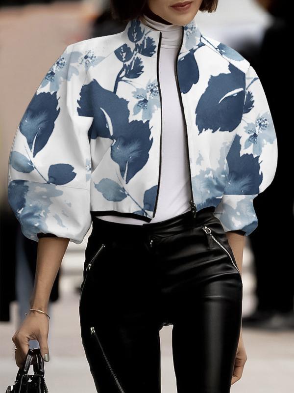 Loose Puff Sleeves Floral Printed Stand Collar Jackets Outerwear Product Image