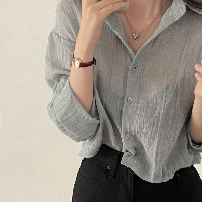 Long-Sleeve Collared Plain Shirt Product Image