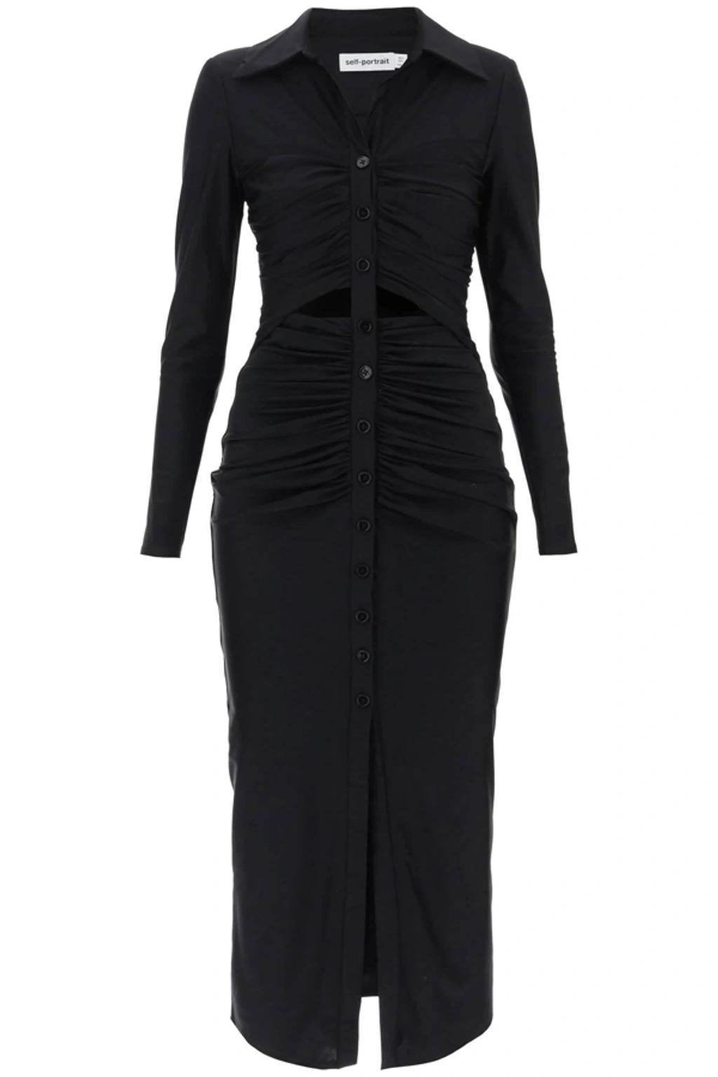 Womens Black Ruched Cut-out Stretch-woven Midi Dress Product Image