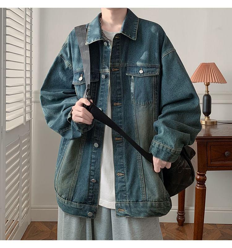 Collared Washed Button Denim Jacket Product Image