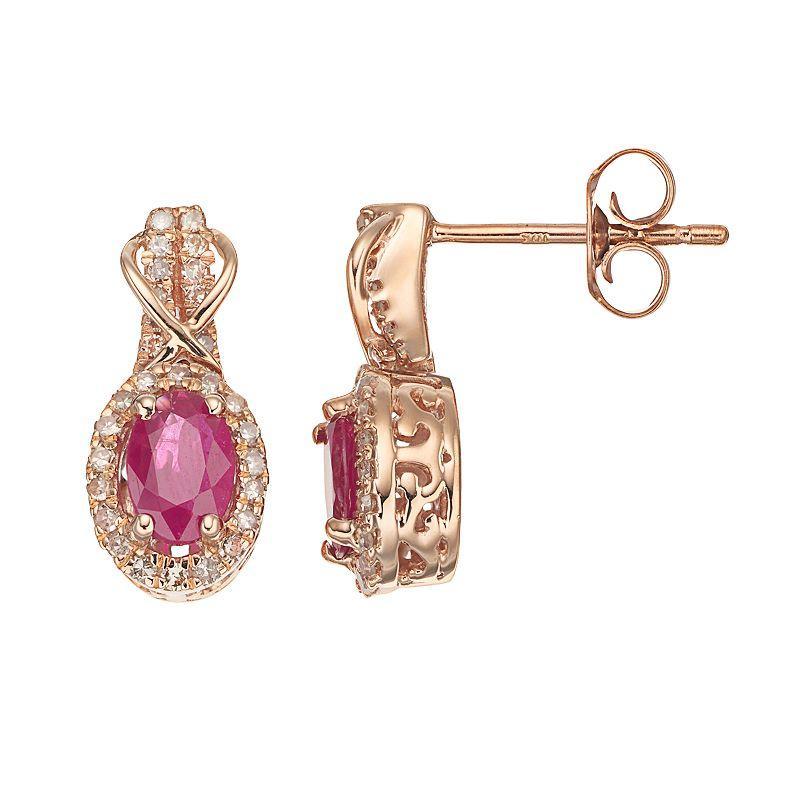 Gemminded 10k Rose Gold Ruby & 1/4 Carat T.W. Diamond Halo Stud Earrings, Womens, Red Product Image